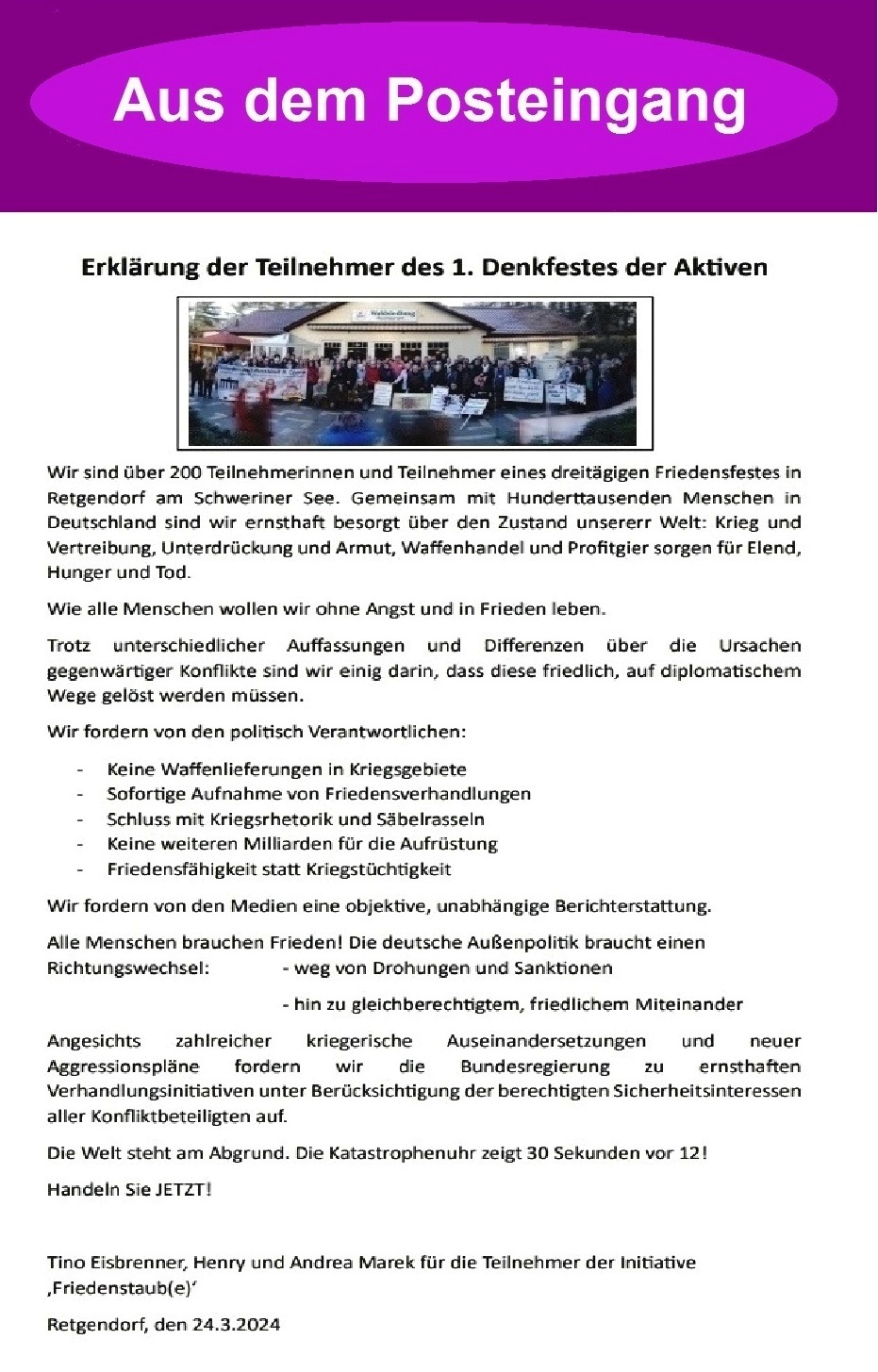 1. Denkfest in Retgendorf - Erklrung der Teilnehmer des 1. Denkfestes der Aktiven - Erklrung vom 24.03.2024 - Aus dem Posteingang von Dr. Marianne Linke vom 24.03.2024