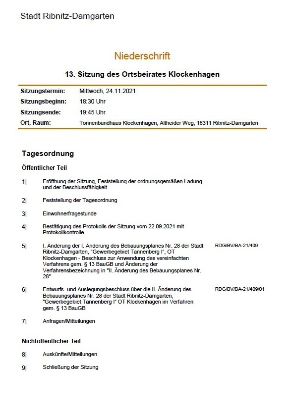 Tagesordnung der 13. Ortsbeiratssitzung des Ortsbeirates Klockenhagen am 24.11.2021 im Tonnenbundhaus Klockenhagen 