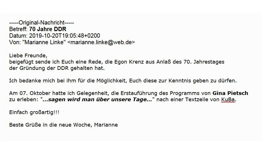 Aus dem Posteingang - 70 Jahre DDR - Erinnerung an die DDR aus Anlass des 70. Jahrestages der Gründung der DDR von Dr. Marianne Linke