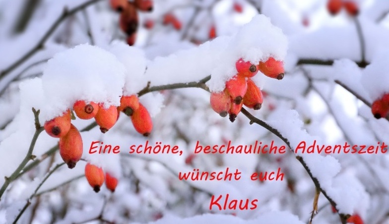 Kleiner Gruß - Adventskarte mit folgendem Text: 'Eine schöne, beschauliche Adventszeit wünscht euch Klaus' - Aus dem Posteingang von Klaus Kleinmann aus der Hansestadt Stralsund vom 03.12.2023 