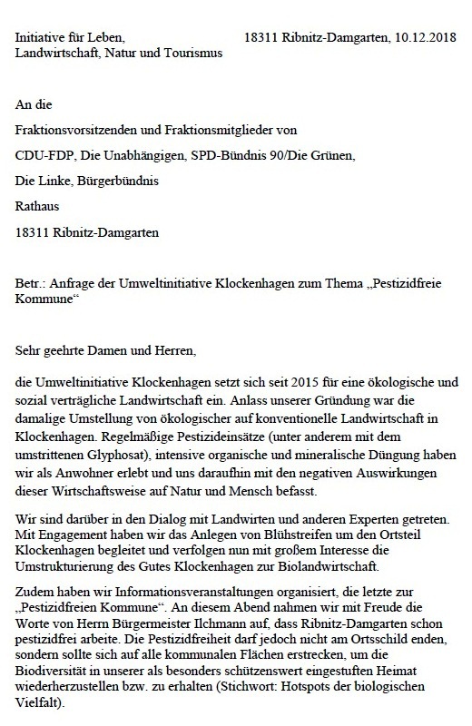Aus dem Posteingang - Anfrage der Umweltinitiative Klockenhagen zum Thema Pestizidfreie Kommune - Initiative fr Leben, Landwirtschaft, Natur und Tourismus - an die Fraktionsvorsitzenden und Fraktionsmitglieder von CDU-FDP, Die Unabhngigen, SPD-Bndnis 90/Die Grnen, Die Linke, Brgerbndnis der Stadtvertretung Ribnitz-Damgarten.