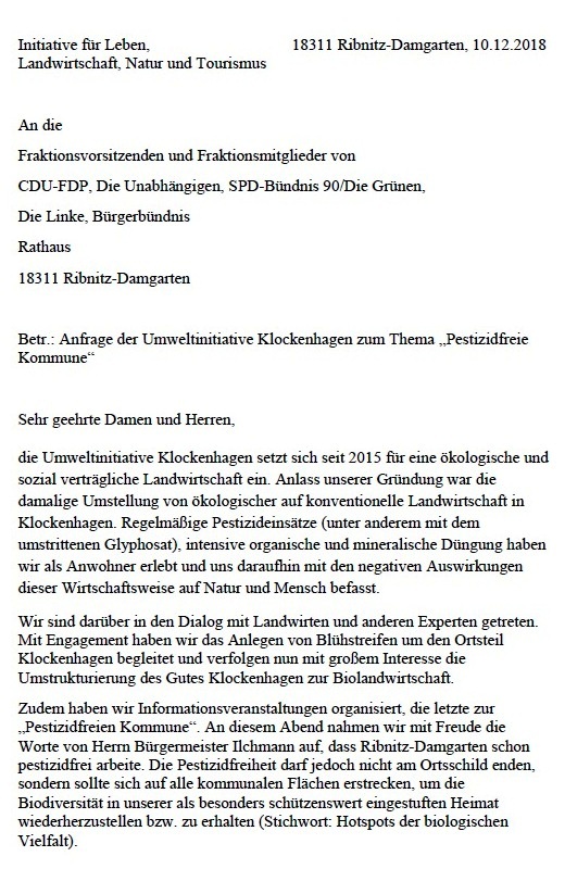 Aus dem Posteingang - Anfrage der Umweltinitiative Klockenhagen zum Thema Pestizidfreie Kommune - Initiative fr Leben, Landwirtschaft, Natur und Tourismus - an die Fraktionsvorsitzenden und Fraktionsmitglieder von CDU-FDP, Die Unabhngigen, SPD-Bndnis 90/Die Grnen, Die Linke, Brgerbndnis der Stadtvertretung Ribnitz-Damgarten.