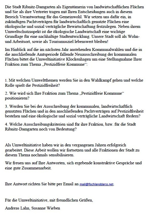 Aus dem Posteingang - Anfrage der Umweltinitiative Klockenhagen zum Thema Pestizidfreie Kommune - Initiative fr Leben, Landwirtschaft, Natur und Tourismus - an die Fraktionsvorsitzenden und Fraktionsmitglieder von CDU-FDP, Die Unabhngigen, SPD-Bndnis 90/Die Grnen, Die Linke, Brgerbndnis der Stadtvertretung Ribnitz-Damgarten.