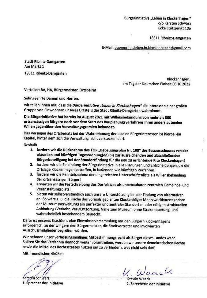 Stopp des B-Plans Nr. 108 der Stadt Ribnitz-Damgarten - Bürgerinitiative 'Leben in Klockenhagen' - E-Mail vom 03.10.2022