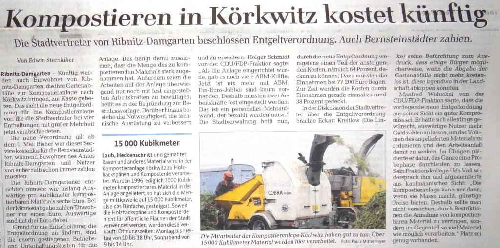 Kompostieren in Krkwitz kostet knftig / Beitrag in der Ribnitz-Damgartener Montagausgabe der Ostsee-Zeitung vom 4.Mai 2015 Lokalteil Seite 9