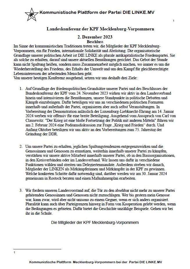 Beschluss der Landeskonferenz der KPF Mecklenburg-Vorpommern vom 02.12.2023 - Aus dem Posteingang von Waltraud Tegge  vom 03.12.2023