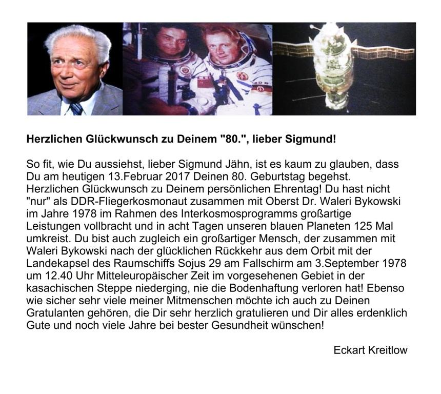 Herzlichen Glückwunsch zum 80.Geburtstag, lieber Sigmund - DDR-Fliegerkosmonaut Sigmund Jähn - der erste Deutsche im All umkreiste mit Waleri Bykowski 125 Mal unseren blauen Planeten - Ostsee-Rundschau.de