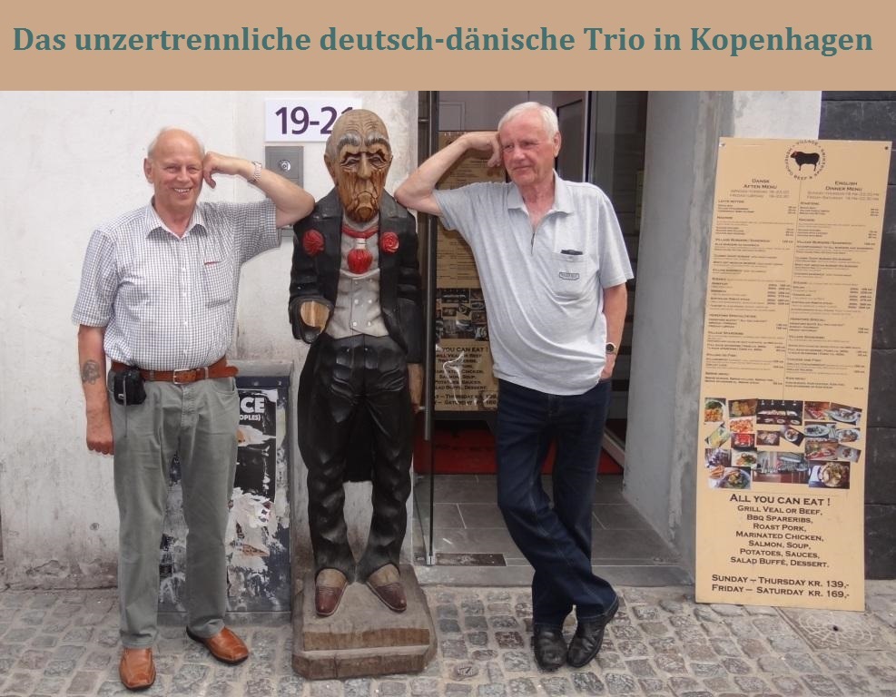 Das unzertrennliche deutsch-dänische Trio in Kopenhagen - ein deutscher Geschäftsmann inmitten von zwei deutschen Touristen aus Mecklenburg-Vorpommern im Zentrum der dänischen Metropole Kopenhagen. Foto: Eckart Kreitlow