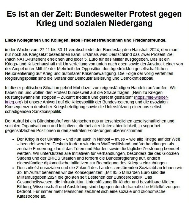 Erinnerung: Großdemo 'Nein zu Kriegen!' am 25.11.2023 in Berlin und Aufruf 'Nein zu Kriegen ....'  - Aus dem Posteingang von Dr. Marianne Linke vom 10.11.2023 - (2) - Link: https://nie-wieder-krieg.org/