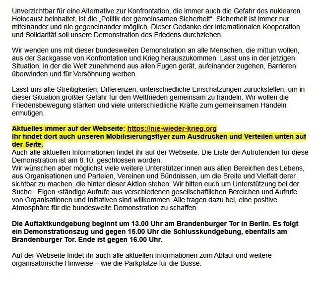 Erinnerung: Großdemo 'Nein zu Kriegen!' am 25.11.2023 in Berlin und Aufruf 'Nein zu Kriegen ....'  - Aus dem Posteingang von Dr. Marianne Linke vom 10.11.2023 - (3) - Link: https://nie-wieder-krieg.org/