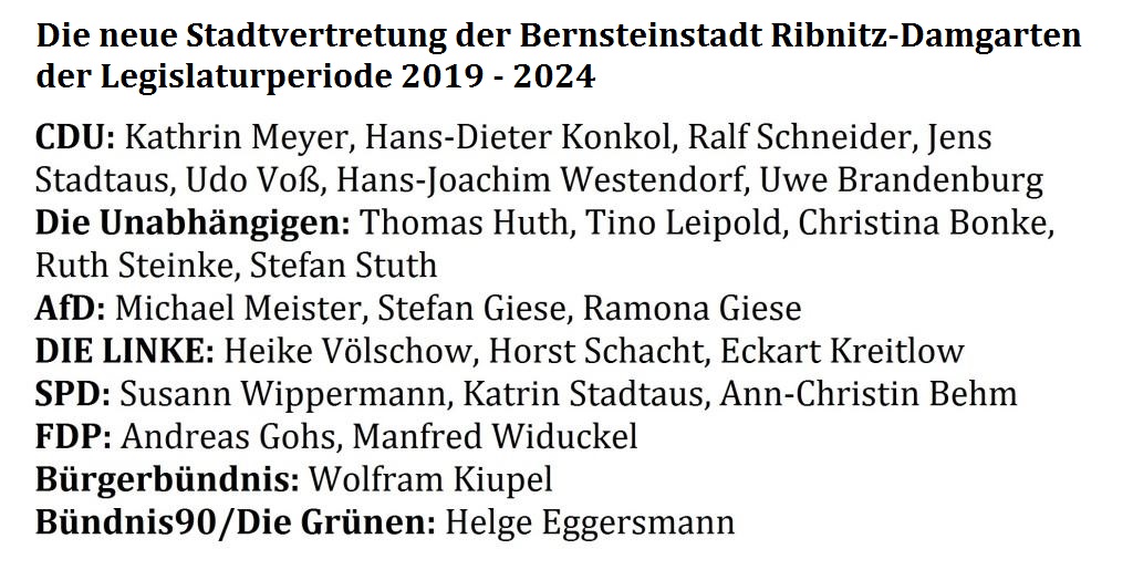 Die neue Stadtvertretung der Bernsteinstadt Ribnitz-Damgarten fr die Legislaturperiode von 2019 bis 2024