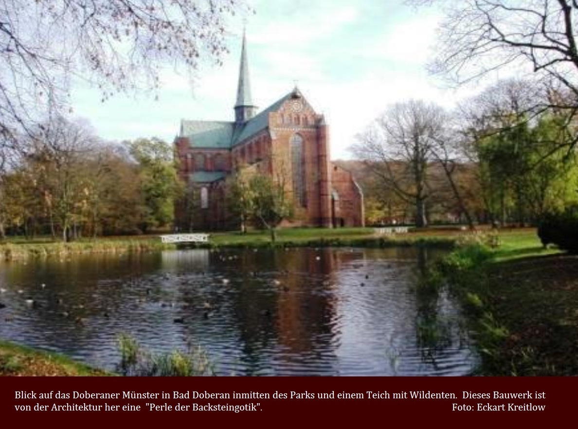 Blick auf das Doberaner Münster in Bad Doberan inmitten des Parks und einem Teich mit Wildenten.  Dieses Bauwerk ist von der Architektur her  eine  'Perle der Backsteingotik'. - Foto: Eckart Kreitlow - Link: https://www.muenster-doberan.de/index.php/de/