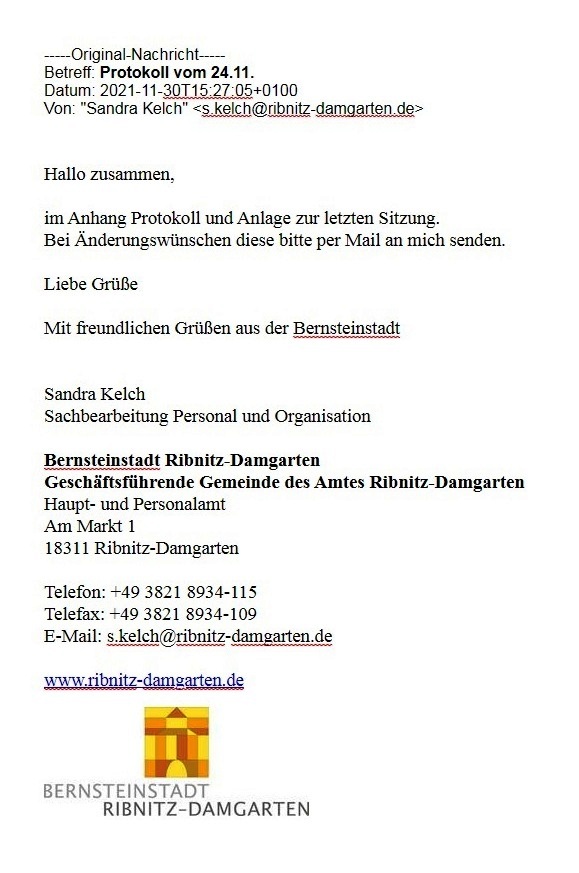 Protokollentwurf von der 13. Ortsbeiratssitzung Klockenhagen vom 24.11.2021 von Frau Sandra Kelch -  Bernsteinstadt Ribnitz-Damgarten - E-Mail vom 30.11.2021  
