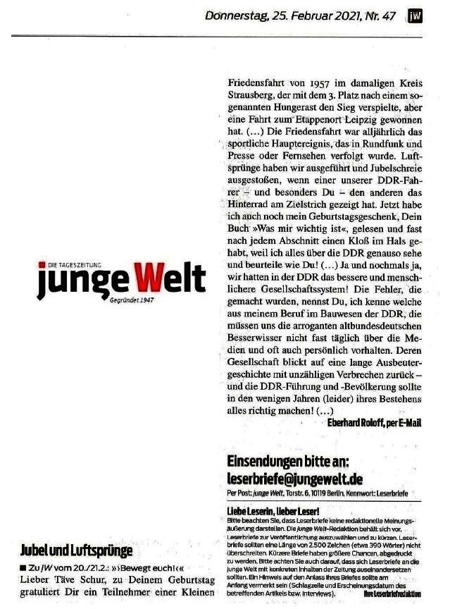 Jubel und Luftsprünge - Leserbrief zu JW vom 20./21.2.: 'Bewegt euch!' - Von Eberhard Roloff, per E-Mail - JW 25.02.2021 - Aus dem Posteingang von Siegfried Dienel vom 25.02.2021 