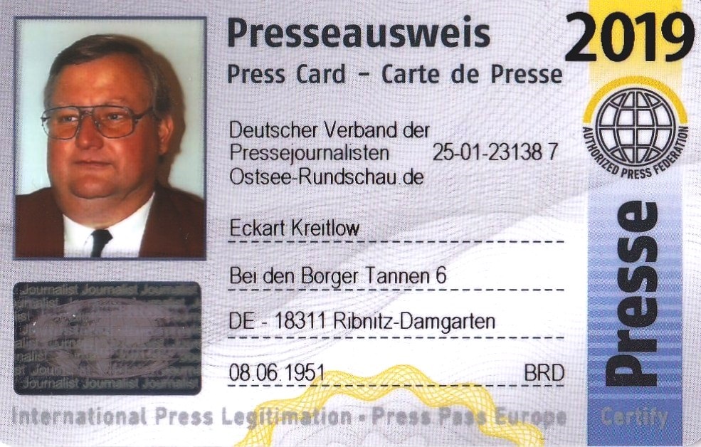 Eckart Kreitlow - Mitglieds-Ausweis fr 2019 des Deutschen Verbandes der Pressejournalisten  - Internationaler Presseausweis wird jhrlich aktualisiert