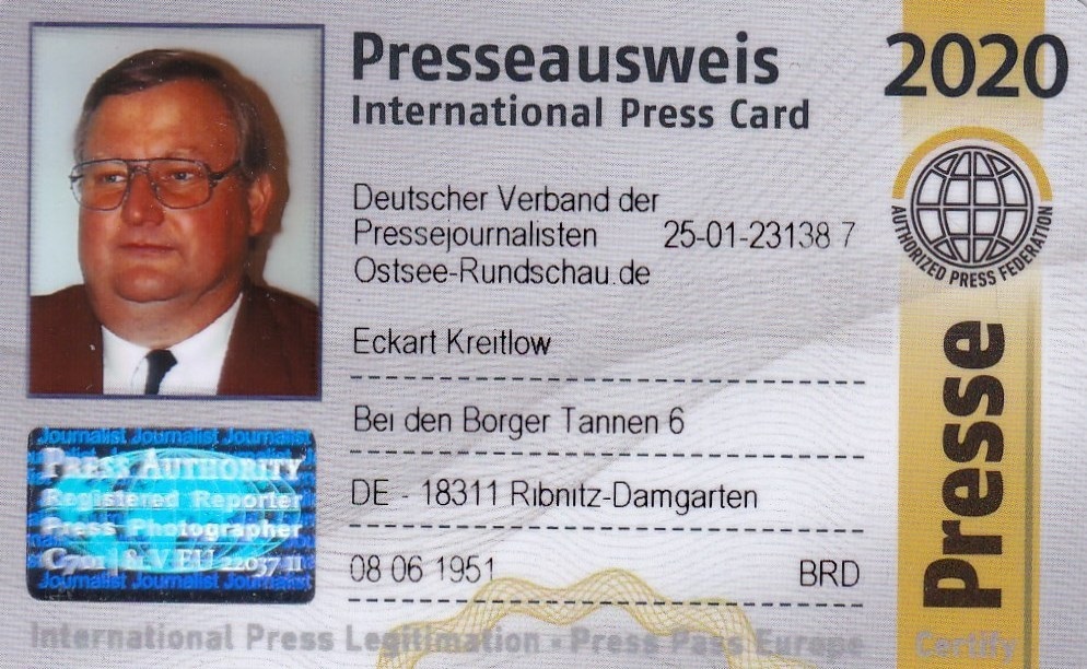 Eckart Kreitlow - Mitglieds-Ausweis fr 2020 des Deutschen Verbandes der Pressejournalisten  - Internationaler Presseausweis wird jhrlich aktualisiert