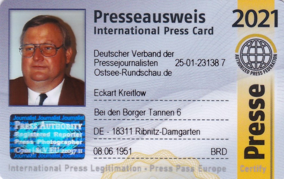 Eckart Kreitlow - Mitglieds-Ausweis fr 2021 des Deutschen Verbandes der Pressejournalisten  - Internationaler Presseausweis wird jhrlich aktualisiert