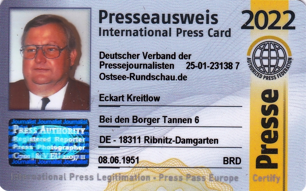 Eckart Kreitlow - Mitglieds-Ausweis fr 2022 des Deutschen Verbandes der Pressejournalisten  - Internationaler Presseausweis wird jhrlich aktualisiert