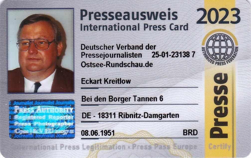 Eckart Kreitlow - Mitglieds-Ausweis für 2023 des Deutschen Verbandes der Pressejournalisten  - Internationaler Presseausweis wird jährlich aktualisiert