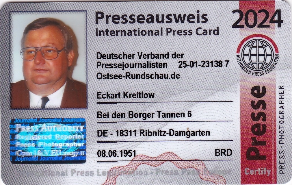 Eckart Kreitlow - Mitglieds-Ausweis für 2024 des Deutschen Verbandes der Pressejournalisten  - Internationaler Presseausweis wird jährlich aktualisiert