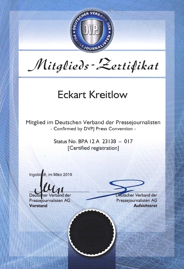 Eckart Kreitlow - Mitglieds-Zertifikat Deutscher Verband der Pressejournalisten