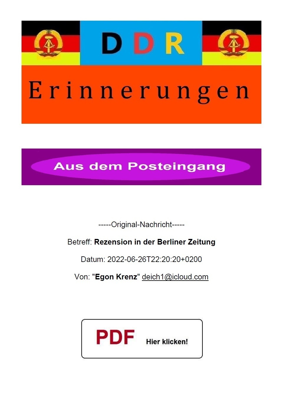 Egon Krenz - Rezension in der Berliner Zeitung - Aus dem Posteingang von Egon Krenz vom 26.06.2022 - Berliner Zeitung - Ausgabe vom 27.06.2022 - PDF