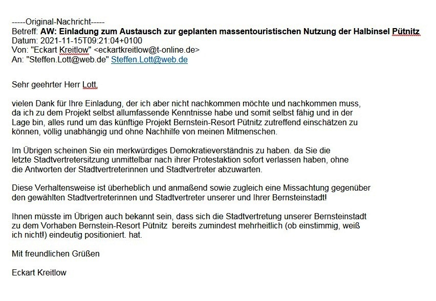 Unsere Antwort vom 15.11.2021 auf die persnliche Einladung vom 14.11.2021 als Stadtvertreter von Herrn Steffen Lott zum Austausch zur geplanten 'massentouristischen Nutzung' der Halbinsel Ptnitz 