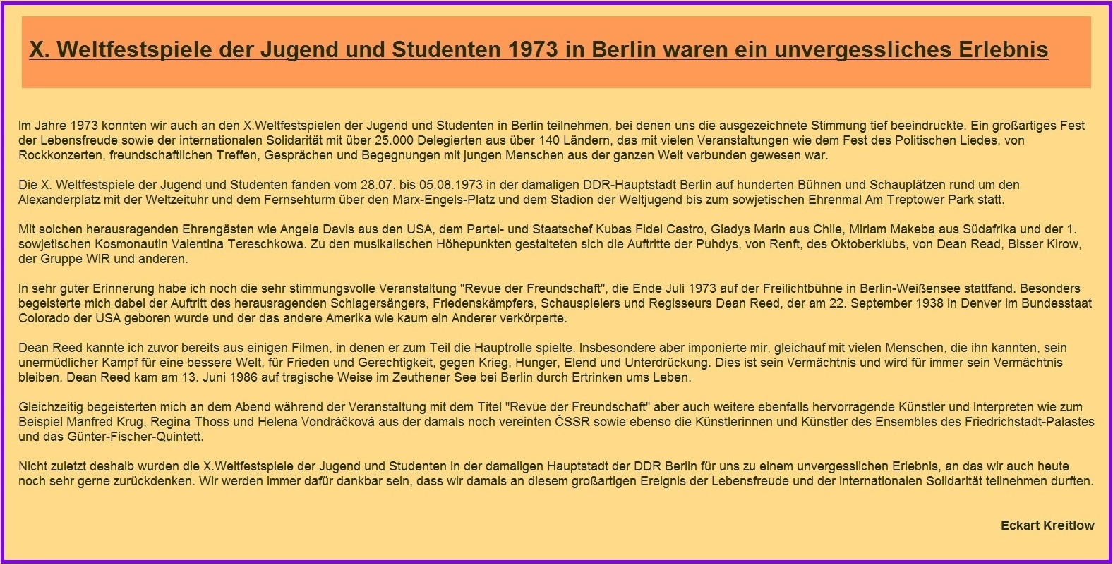 Erinnerungen an die X. Weltfestspiele der Jugend und Studenten 1973 in der damaligen Hauptstadt der DDR Berlin - DDR-Erinnerungen - Ostsee-Rundschau.de - Neue Unabhängige Onlinezeitungen (NUOZ)