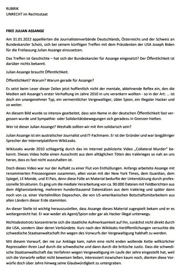 FREE JULIAN ASSANGE - Von Dr. Marianne Linke, Sprecherin der VVN-BdA-Gruppe Stralsund - 09.02.2022 - Aus dem Posteingang von Dr. Marianne Linke vom 19.02.2024 - (Seite 1)