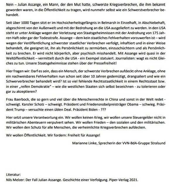 FREE JULIAN ASSANGE - Von Dr. Marianne Linke, Sprecherin der VVN-BdA-Gruppe Stralsund - 09.02.2022 - Aus dem Posteingang von Dr. Marianne Linke vom 19.02.2024 - (Seite 2)