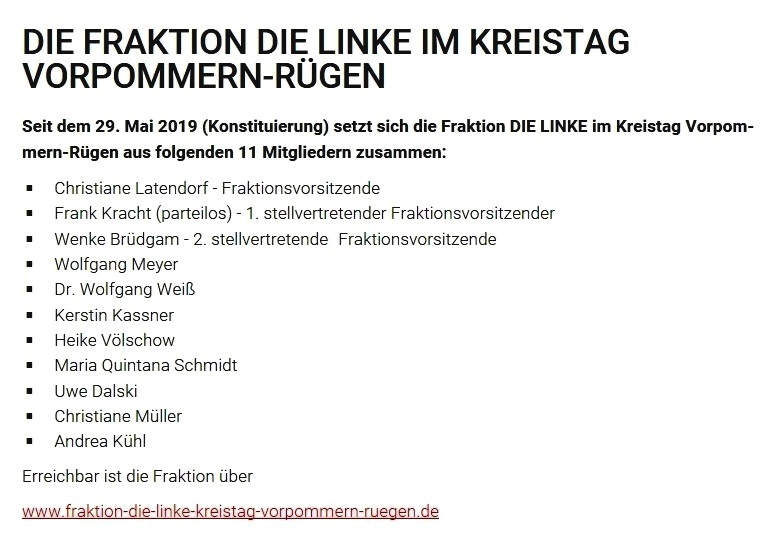 Die Fraktion DIE LINKE im Kreistag des des Landkreises Vorpommern-Rgen 2019