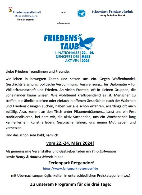 Friedensfest in Retgendorf in der Zeit vom 22. - 24. Mrz 2024 - Aus dem Posteingang von Dr. Marianne Linke vom 05.02.2024