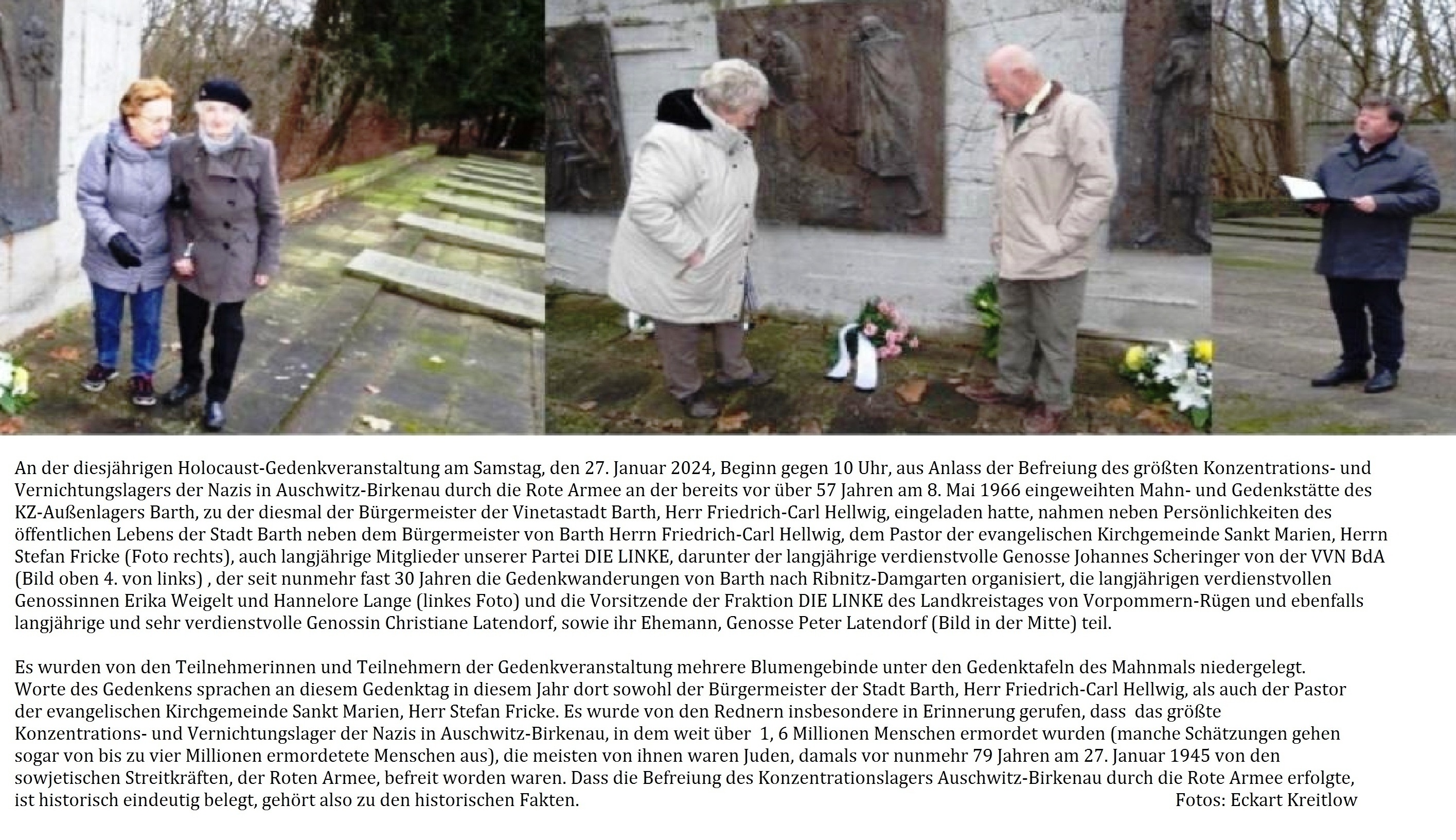 Holocaust-Gedenkveranstaltung am Samstag, den 27. Januar 2024, Beginn gegen 10 Uhr, an der bereits vor über 57 Jahren am 8. Mai 1966 eingeweihten Mahn- und Gedenkstätte des KZ-Außenlagers Barth. - Fotos: Eckart Kreitlow