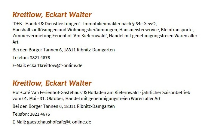 Gewerbeeintrag im Internetportal bei www.ribnitz-damgarten.de - Gewerbeanmeldung von Eckart Kreitlow beim Gewerbeamt der Bernsteinstadt Ribnitz-Damgarten
