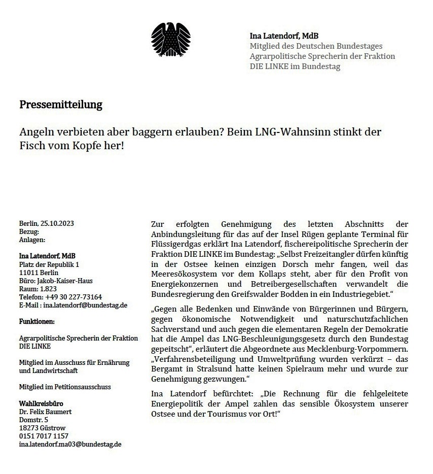 Pressemitteilung Ina Latendorf MdB zur Genehmigung des letzten Abschnittes der LNG-Pipeline in der Ostsee - Aus dem Posteingang - 25.10.2023 - PDF