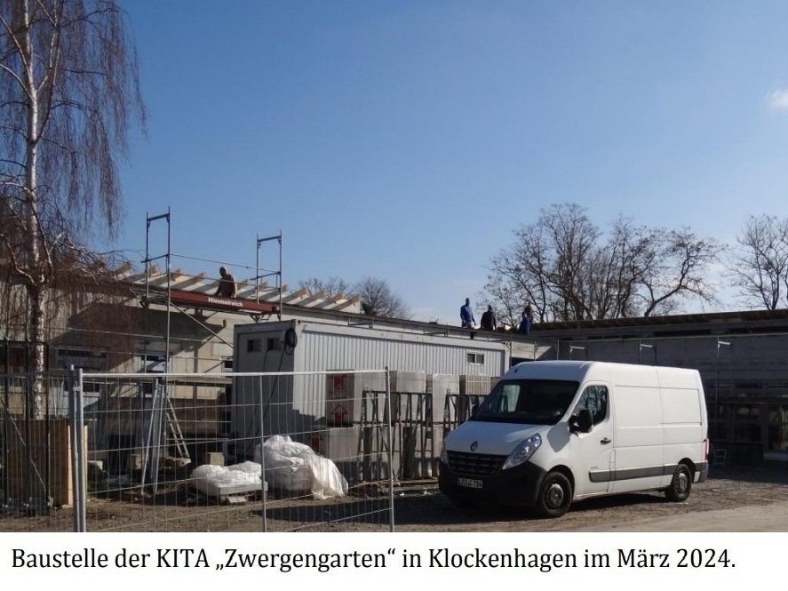 Baustelle der KITA 'Zwergengarten' in Klockenhagen im Mrz 2024. - Foto: Eckart Kreitlow