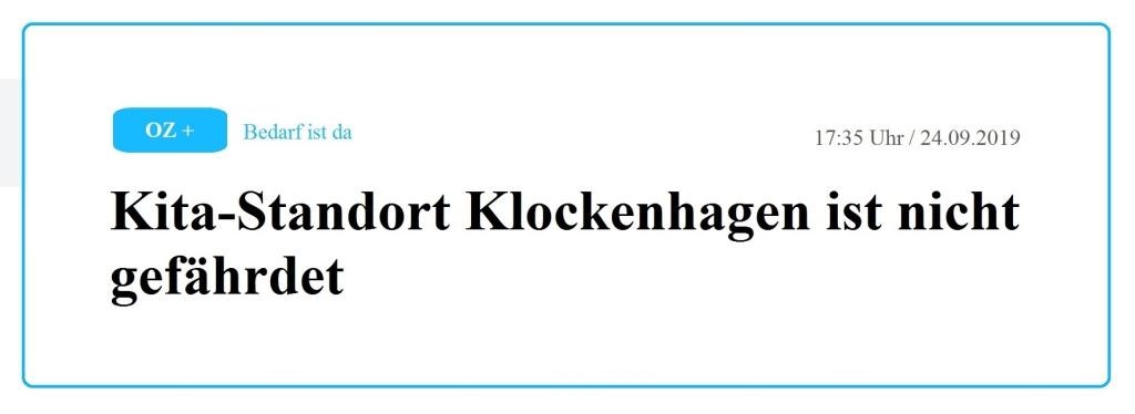 Ostsee-Zeitung / Vorpommern / Ribnitz-Damgarten / ASB und Stadt Ribnitz-Damgarten wollen Kita-Standort Klockenhagen strken - Kita-Standort Klockenhagen ist nicht gefhrdet - 17:35 Uhr / 24.09.2019