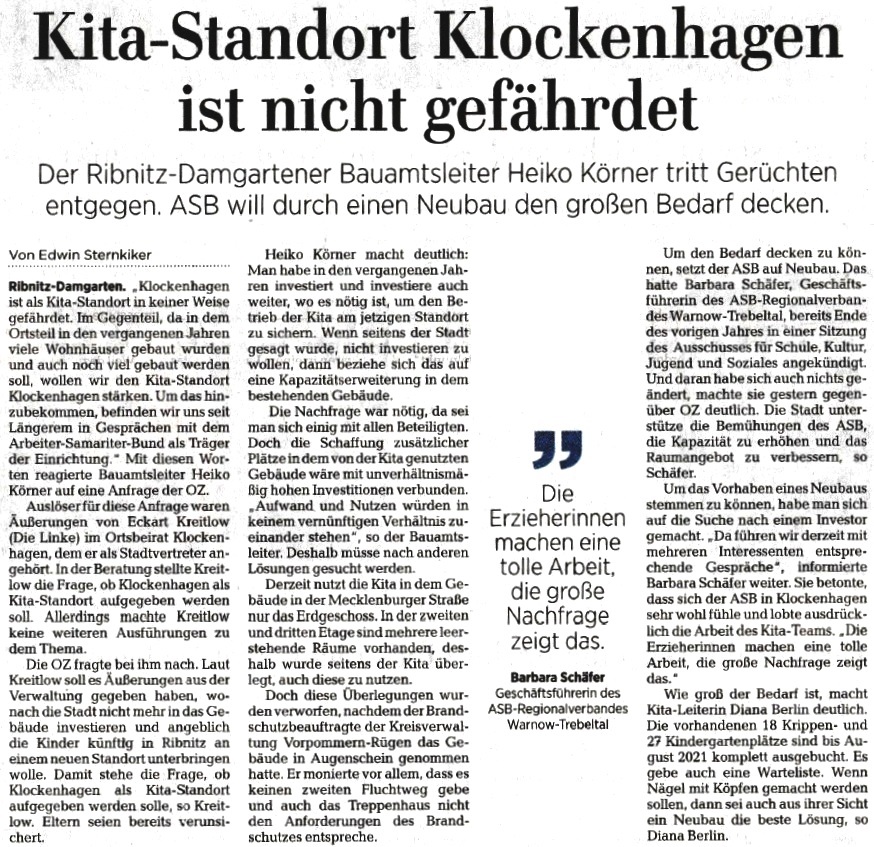 OZ-Beitrag vom 25.09.2019 - Ostsee-Zeitung Ribnitz-Damgarten - Mittwoch, 25.09.2019 | Seite 9 - Kita-Standort Klockenhagen ist nicht gefhrdet 