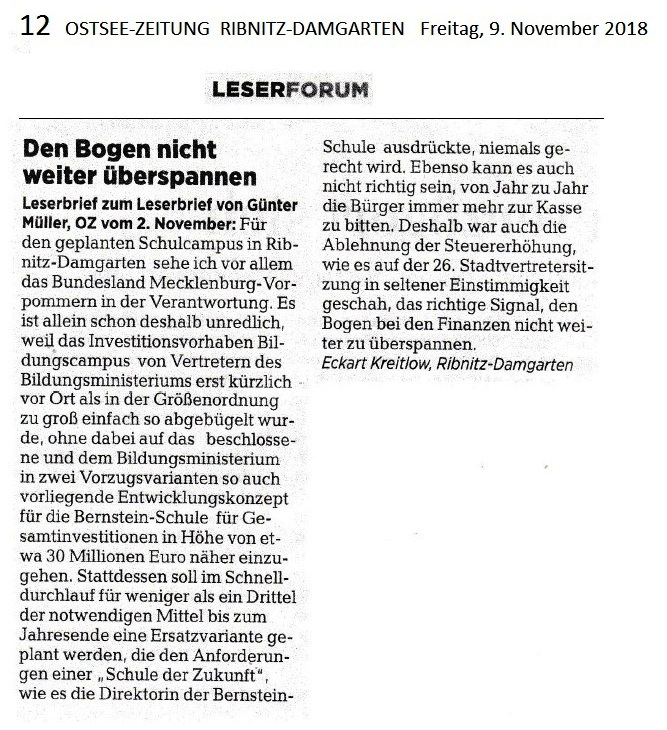 Der auf der Lokalseite  Ribnitz-Damgarten der Ostsee-Zeitung am Freitag, den 9. November 2018, auf Seite 12 im Leserforum unter der berschrift 'Den Bogen nicht weiter berspannen' verffentlichte Leserbrief 