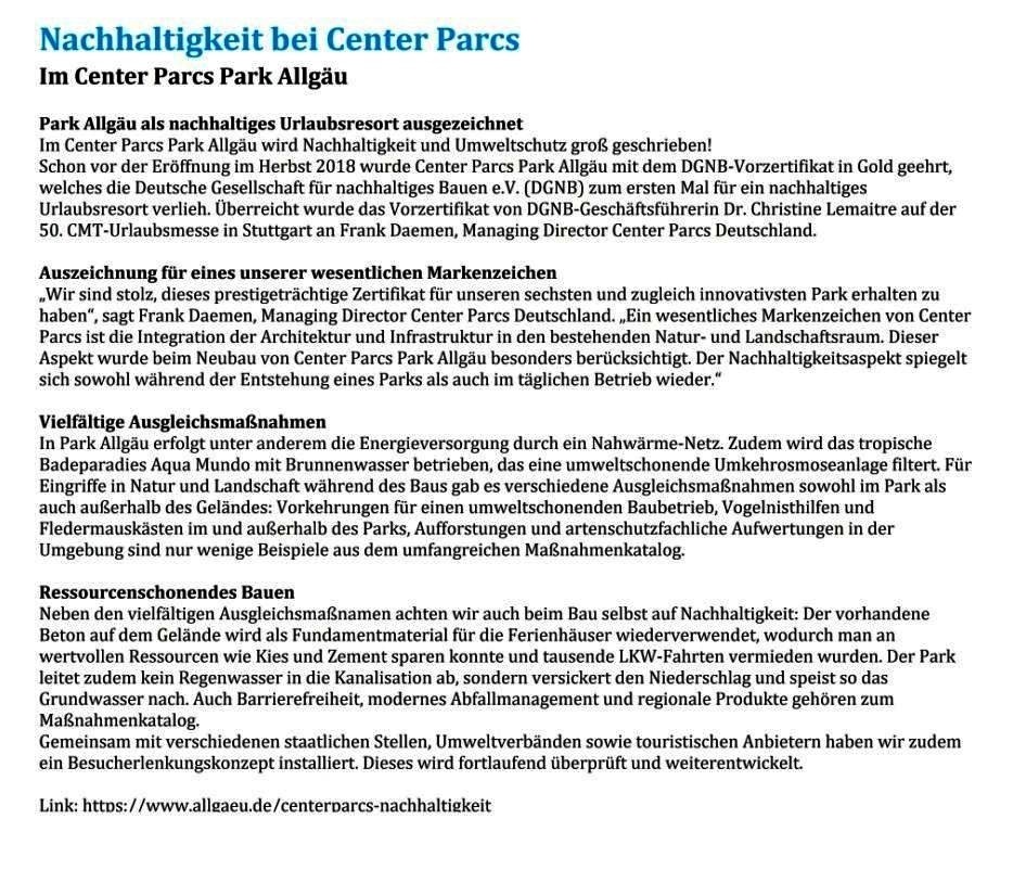 Nachhaltigkeit bei Center Parcs - Im Center Parcs Park Allgu - Park Allgu als nachhaltiges Urlaubsresort ausgezeichnet - Link: https://www.allgaeu.de/centerparcs-nachhaltigkeit