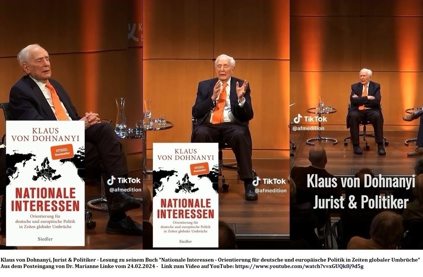 Klaus von Dohnanyi, Jurist & Politiker - Lesung zu seinem Buch 'Nationale Interessen - Orientierung fr deutsche und europische Politik in Zeiten globaler Umbrche' - Aus dem Posteingang von Dr. Marianne Linke vom 24.02.2024 - Link zum Video: VIDEO-2024-02-24-08-57-57.mp4 - Link YouTube: https://www.youtube.com/watch?v=xGUQk8j9d5g