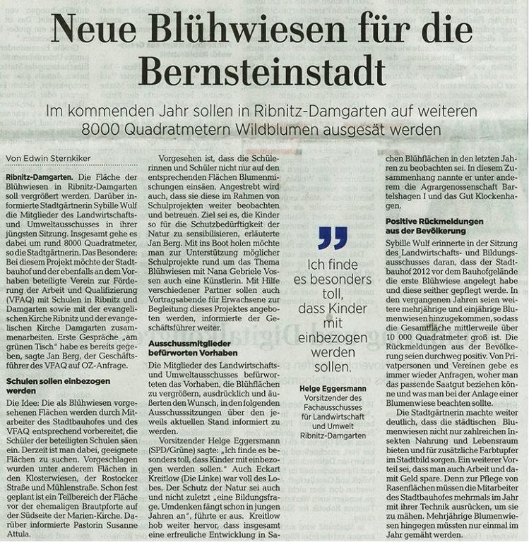 OZ-Beitrag vom 05.11.2019 - Ostsee-Zeitung Ribnitz-Damgarten - Dienstag, 05.11.2019 | Seite 9 - Neue Blhwiesen fr die Bernsteinstadt 