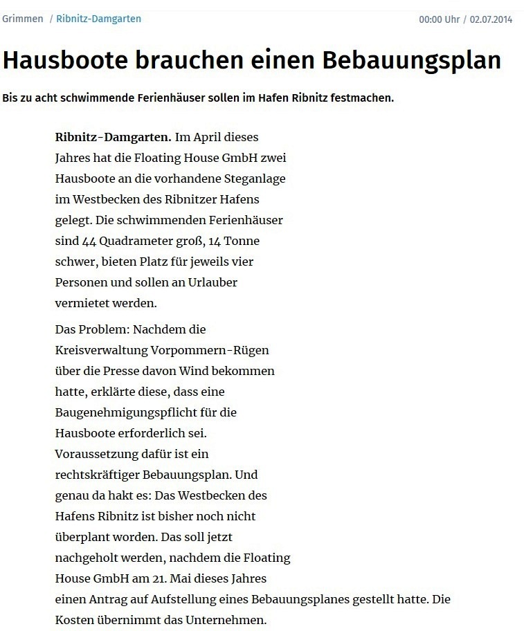 OZ-Beitrag vom 02.07.2014 - Ostsee-Zeitung Ribnitz-Damgarten | Hausboote brauchen einen Bebauungsplan