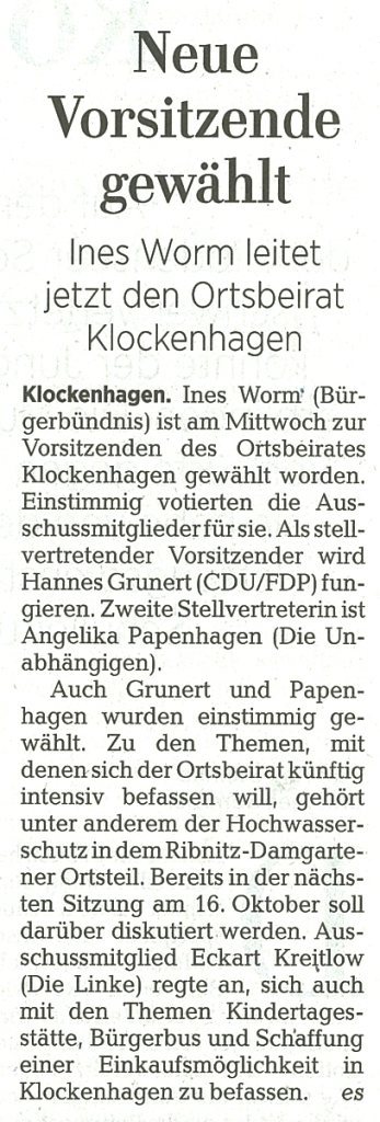 OZ-Beitrag vom 20.09.2019 - Ostsee-Zeitung Ribnitz-Damgarten | Seite 11 - Freitag, 20.09.2019 - Neue Vorsitzende gewhlt - Ines Worm leitet jetzt den Ortsbeirat Klockenhagen