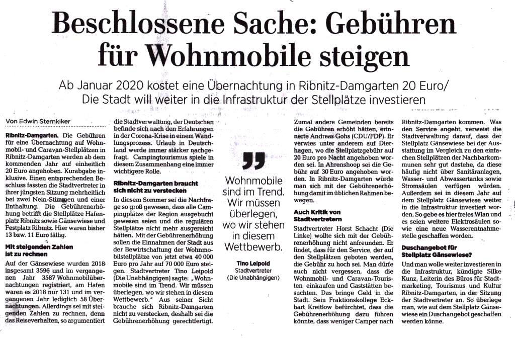 OZ-Beitrag Mittwoch, 26.August 2020 | Seite 9 - Ostsee-Zeitung Ribnitz-Damgarten - Beschlossene Sache: Gebhren fr Wohnmobile steigen - Von Dr. Edwin Sternkiker