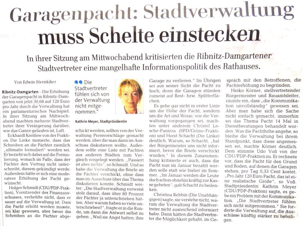 Garagenpacht: Stadtverwaltung muss Schelte einstecken / Beitrag in der Ribnitz-Damgartener Wochenendausgabe der Ostsee-Zeitung vom 4./5.Juli 2015 Lokalteil Seite 9