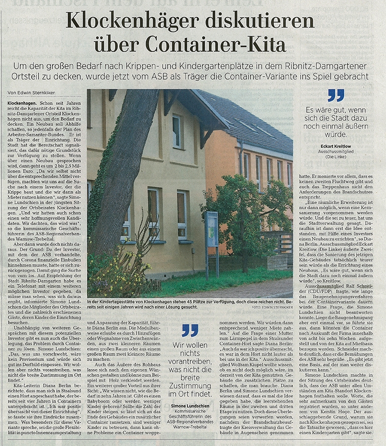OZ-Beitrag Mittwoch, 07. Oktober 2020 | Seite 9 - Ostsee-Zeitung Ribnitz-Damgarten - Klockenhger diskutieren ber Container-Kita - Von Dr. Edwin Sternkiker