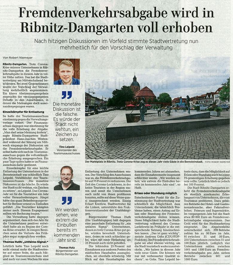 OZ-Beitrag Freitag, 16. Oktober 2020 | Seite 11 - Ostsee-Zeitung Ribnitz-Damgarten - Fremdenverkehrsabgabe wird in Ribnitz-Damgarten voll erhoben - Von Robert Niemeyer