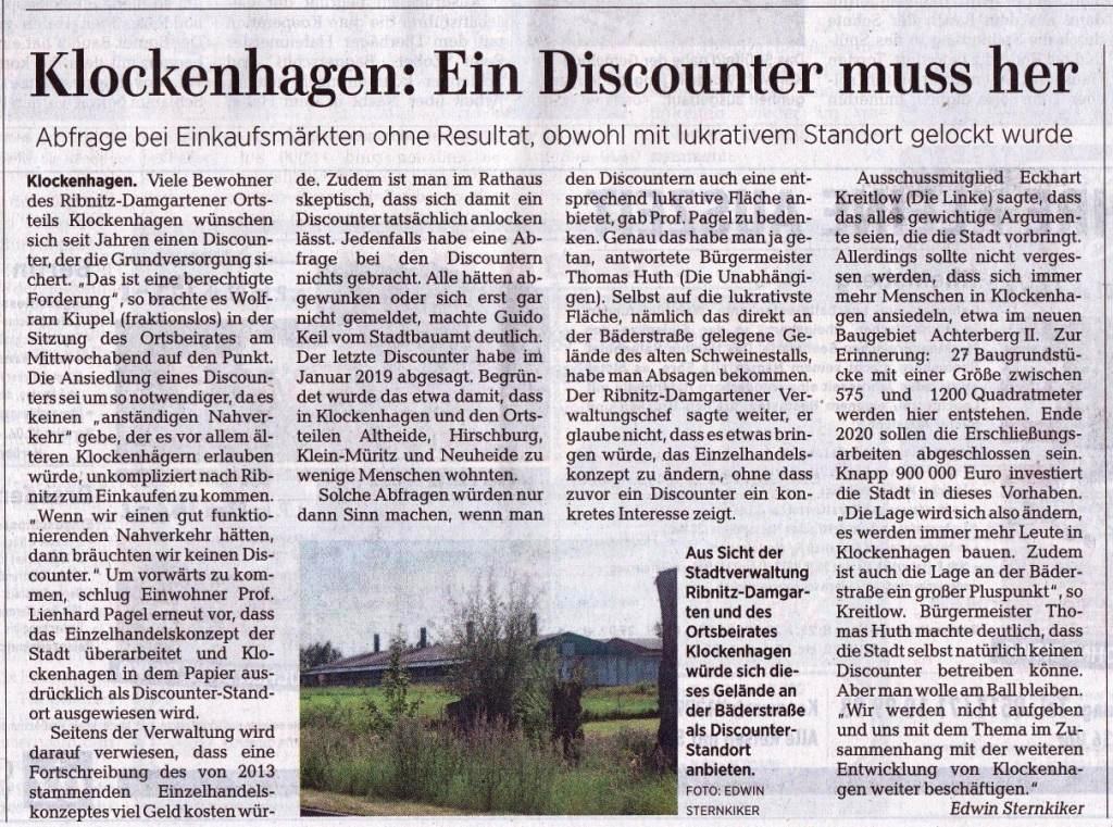 OZ-Beitrag Freitag, 7. August 2020 | Seite 11 - Ostsee-Zeitung Ribnitz-Damgarten - Klockenhagen: Ein Discounter muss her - Von Dr. Edwin Sternkiker