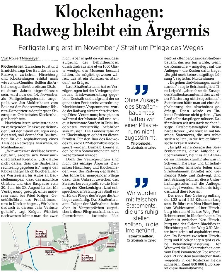 Die Ostsee-Zeitung verffentlichte von der Ortsbeiratssitzung Klockenhagen am 4. Oktober 2017 in ihrer Ribnitz-Damgartener Ausgabe am 13. Oktober 2017 auf Seite 11  unter der berschrift 'Klockenhagen: Radweg bleibt ein rgernis'  einen Beitrag. 